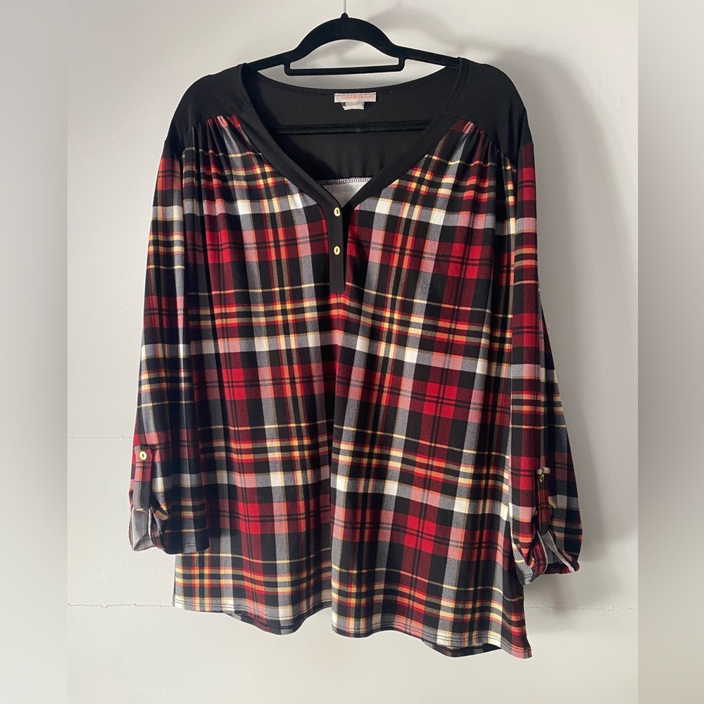 Claudia Richard Red and Black Plaid Henley Blouse